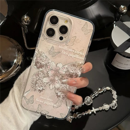 For iPhone 14 Pro Max Case IMD Butterfly Pattern TPU Phone Shell with Hand Strap