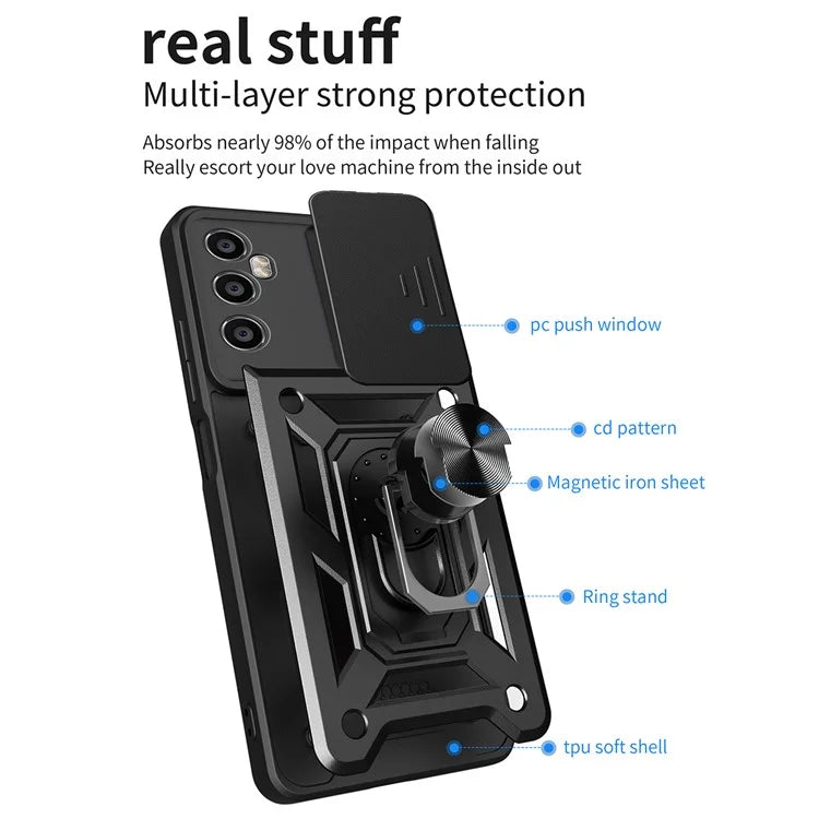 For Realme C65 4G Case PC+TPU Kickstand Phone Protector with Slide Camera Cover
