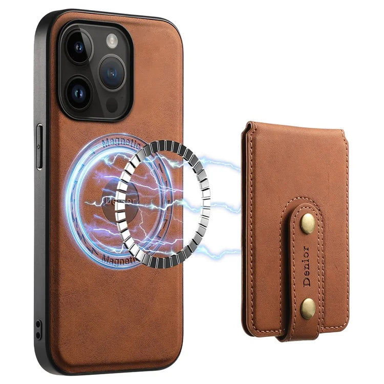 DENIOR D14 For iPhone 14 Pro Case Retro Leather Coated PC+TPU Kickstand Phone Cover Magnetic Detachable