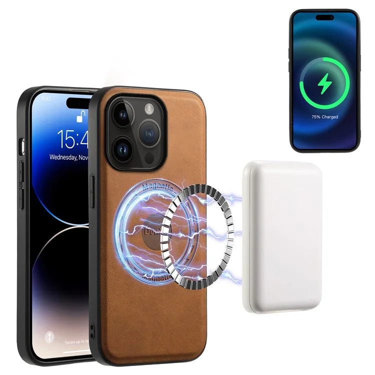 DENIOR D14 For iPhone 14 Pro Case Retro Leather Coated PC+TPU Kickstand Phone Cover Magnetic Detachable