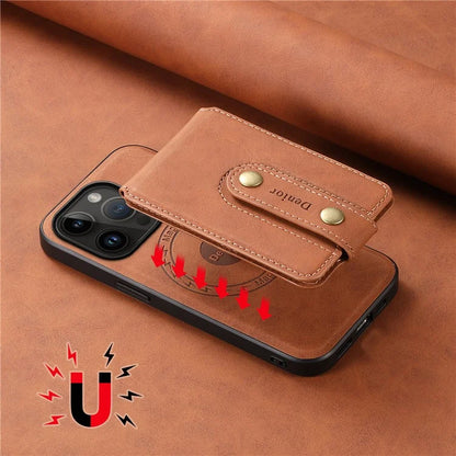 DENIOR D14 For iPhone 14 Pro Case Retro Leather Coated PC+TPU Kickstand Phone Cover Magnetic Detachable