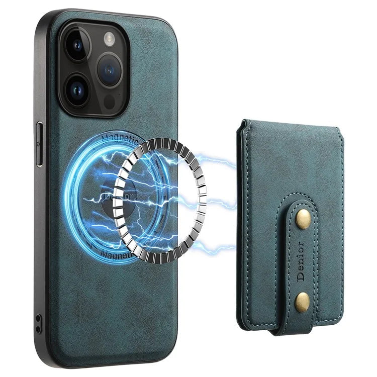 DENIOR D14 For iPhone 14 Pro Case Retro Leather Coated PC+TPU Kickstand Phone Cover Magnetic Detachable