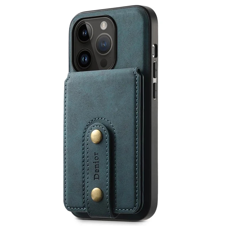 DENIOR D14 For iPhone 14 Pro Case Retro Leather Coated PC+TPU Kickstand Phone Cover Magnetic Detachable