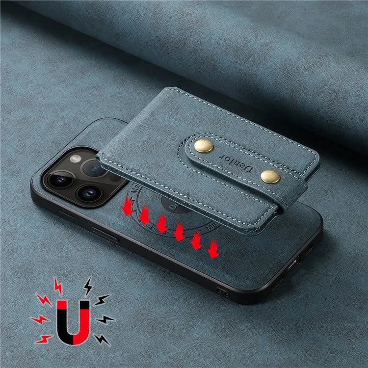 DENIOR D14 For iPhone 14 Pro Case Retro Leather Coated PC+TPU Kickstand Phone Cover Magnetic Detachable