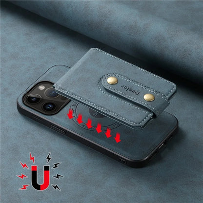 DENIOR D14 For iPhone 14 Pro Case Retro Leather Coated PC+TPU Kickstand Phone Cover Magnetic Detachable