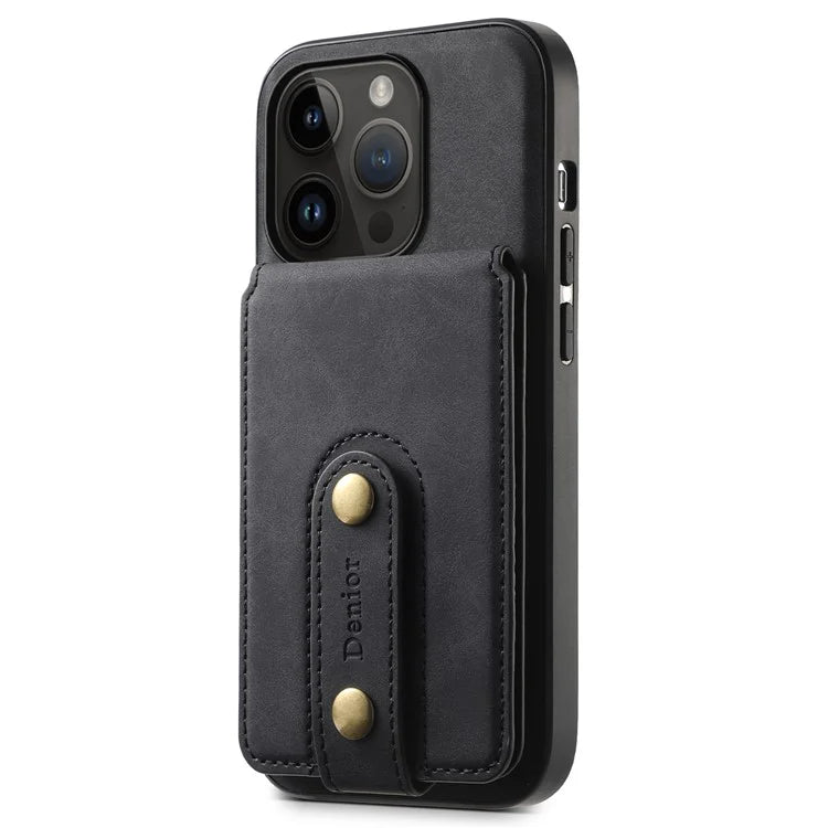 DENIOR D14 For iPhone 14 Pro Case Retro Leather Coated PC+TPU Kickstand Phone Cover Magnetic Detachable