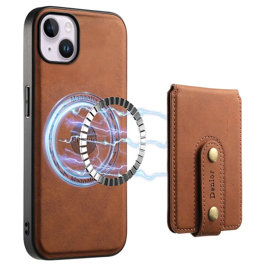 DENIOR D14 For iPhone 14 Plus Case Compatible with MagSafe Leather+TPU+PC Card Bag Phone Cover