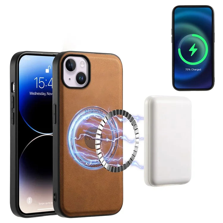 DENIOR D14 For iPhone 14 Plus Case Compatible with MagSafe Leather+TPU+PC Card Bag Phone Cover