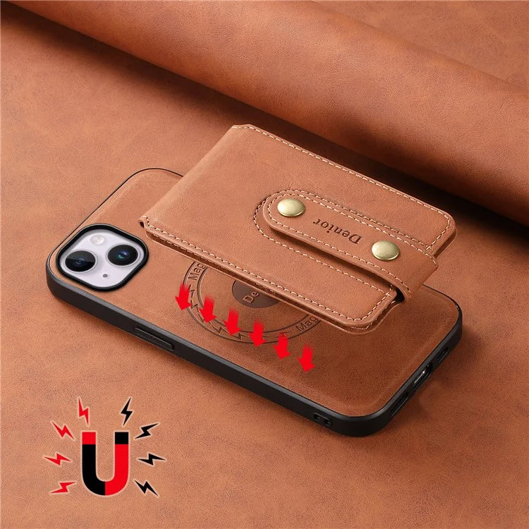DENIOR D14 For iPhone 14 Plus Case Compatible with MagSafe Leather+TPU+PC Card Bag Phone Cover