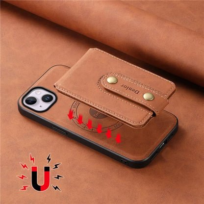DENIOR D14 For iPhone 14 Plus Case Compatible with MagSafe Leather+TPU+PC Card Bag Phone Cover