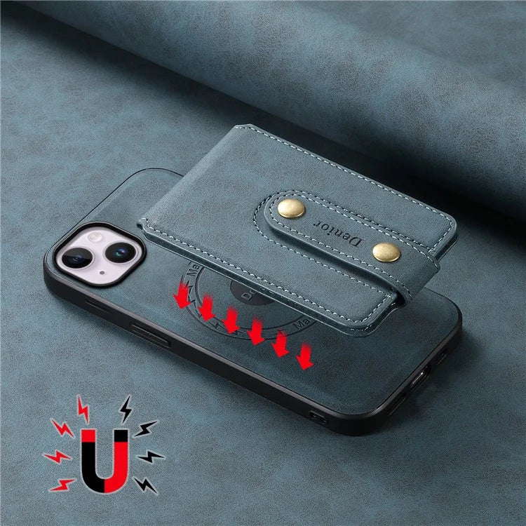 DENIOR D14 For iPhone 14 Plus Case Compatible with MagSafe Leather+TPU+PC Card Bag Phone Cover