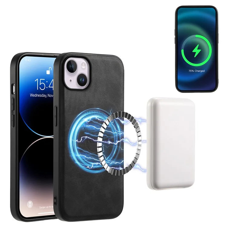 DENIOR D14 For iPhone 14 Plus Case Compatible with MagSafe Leather+TPU+PC Card Bag Phone Cover