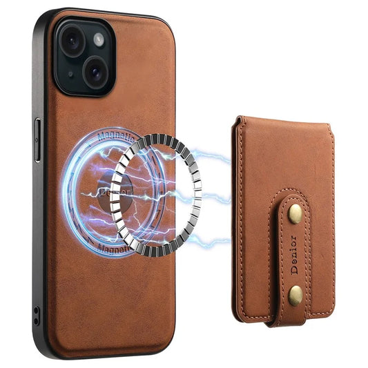 DENIOR D14 For iPhone 15 Magnetic Case Retro Leather+TPU+PC Cover with Detachable Card Holder