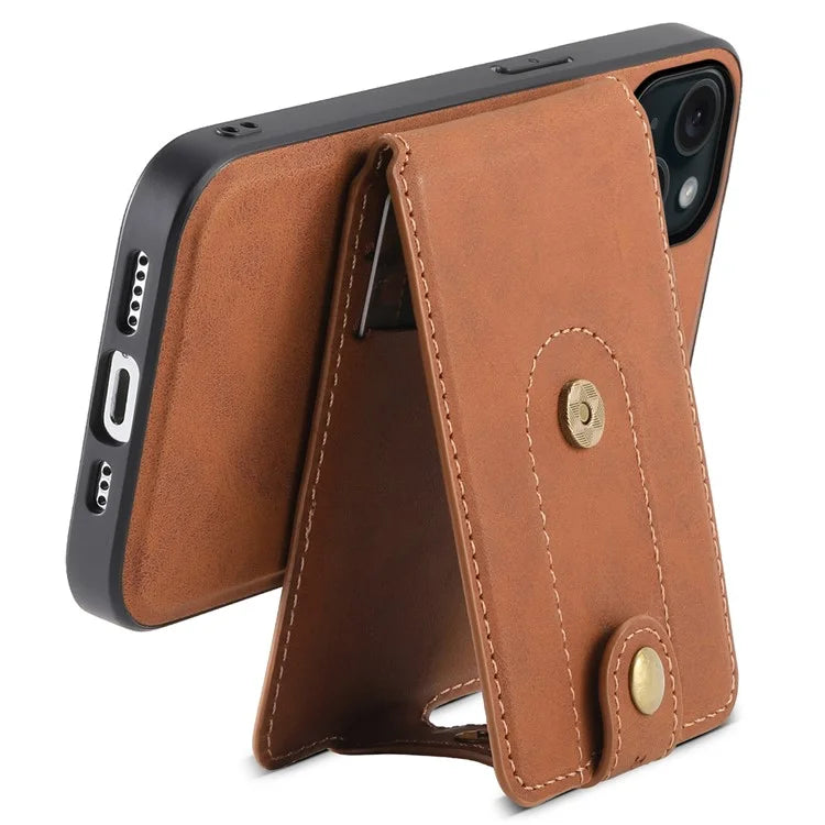DENIOR D14 For iPhone 15 Magnetic Case Retro Leather+TPU+PC Cover with Detachable Card Holder