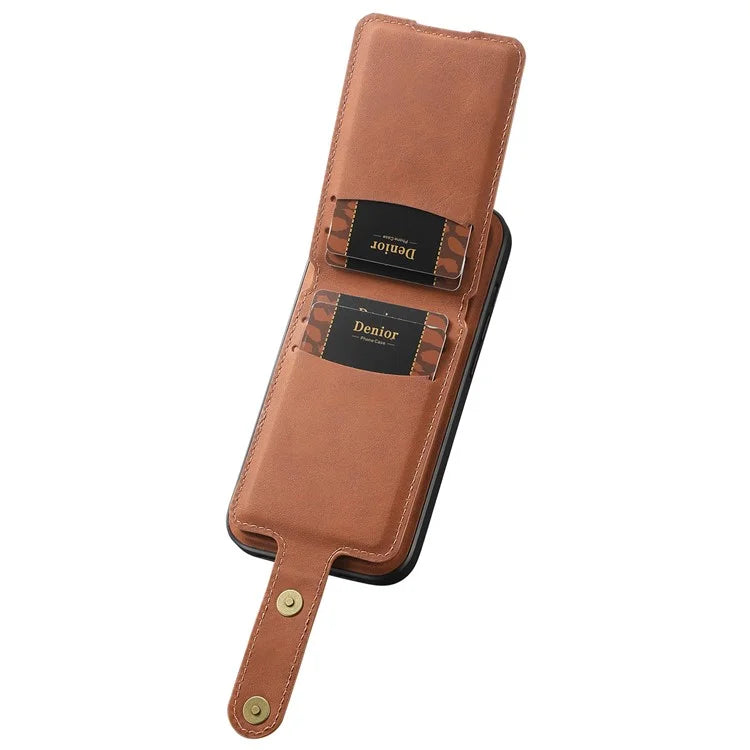 DENIOR D14 For iPhone 15 Magnetic Case Retro Leather+TPU+PC Cover with Detachable Card Holder