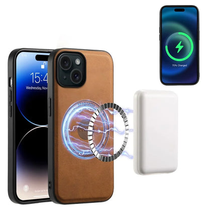 DENIOR D14 For iPhone 15 Magnetic Case Retro Leather+TPU+PC Cover with Detachable Card Holder
