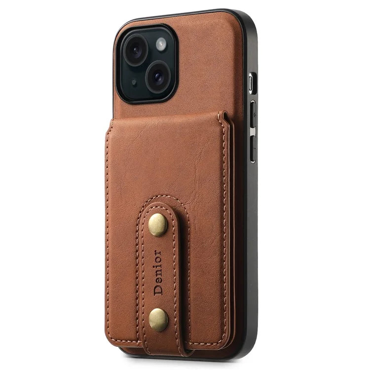 DENIOR D14 For iPhone 15 Magnetic Case Retro Leather+TPU+PC Cover with Detachable Card Holder