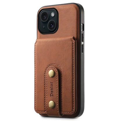 DENIOR D14 For iPhone 15 Magnetic Case Retro Leather+TPU+PC Cover with Detachable Card Holder