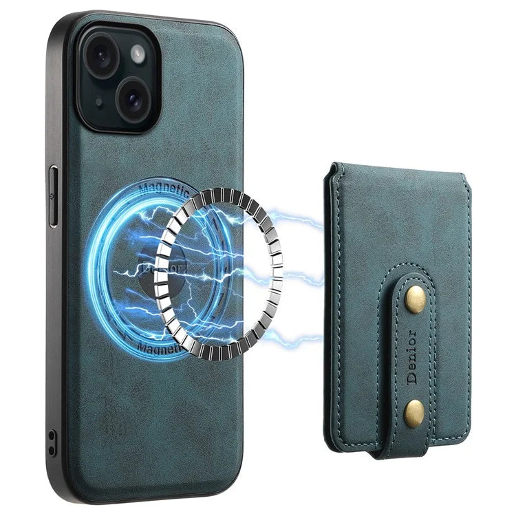 DENIOR D14 For iPhone 15 Magnetic Case Retro Leather+TPU+PC Cover with Detachable Card Holder