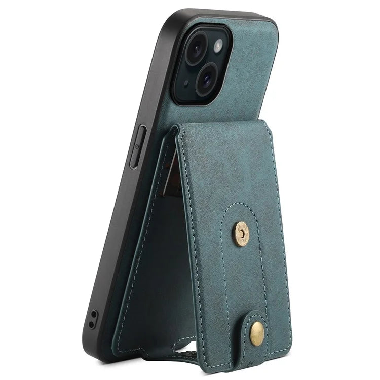 DENIOR D14 For iPhone 15 Magnetic Case Retro Leather+TPU+PC Cover with Detachable Card Holder