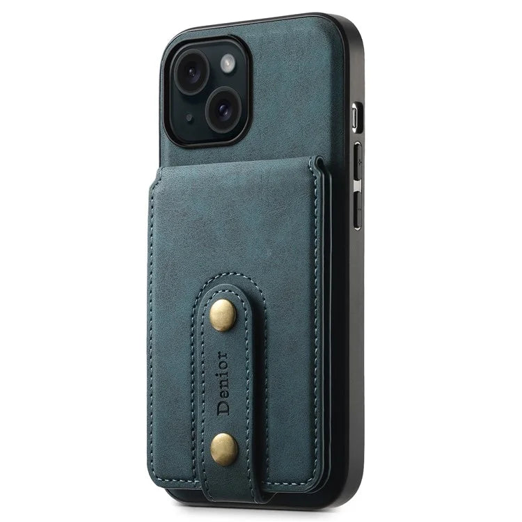 DENIOR D14 For iPhone 15 Magnetic Case Retro Leather+TPU+PC Cover with Detachable Card Holder