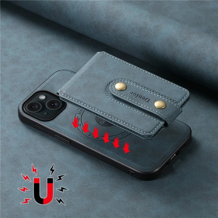 DENIOR D14 For iPhone 15 Magnetic Case Retro Leather+TPU+PC Cover with Detachable Card Holder