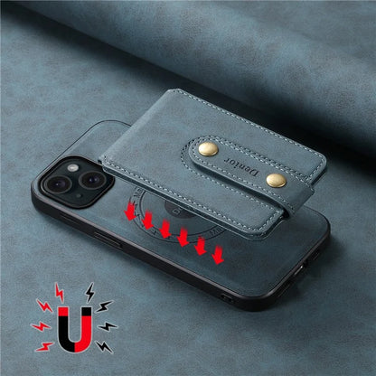 DENIOR D14 For iPhone 15 Magnetic Case Retro Leather+TPU+PC Cover with Detachable Card Holder