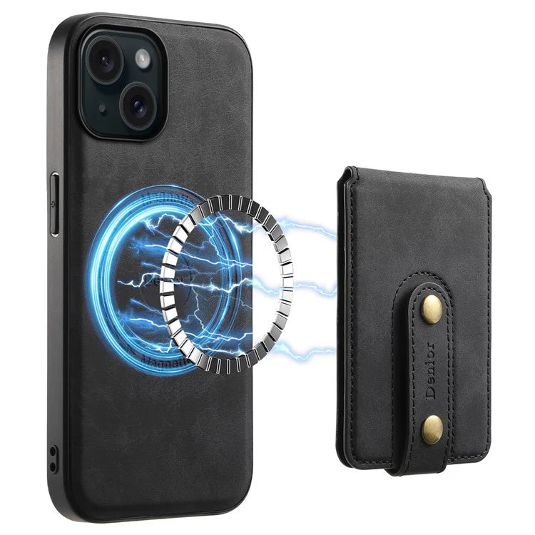 DENIOR D14 For iPhone 15 Magnetic Case Retro Leather+TPU+PC Cover with Detachable Card Holder