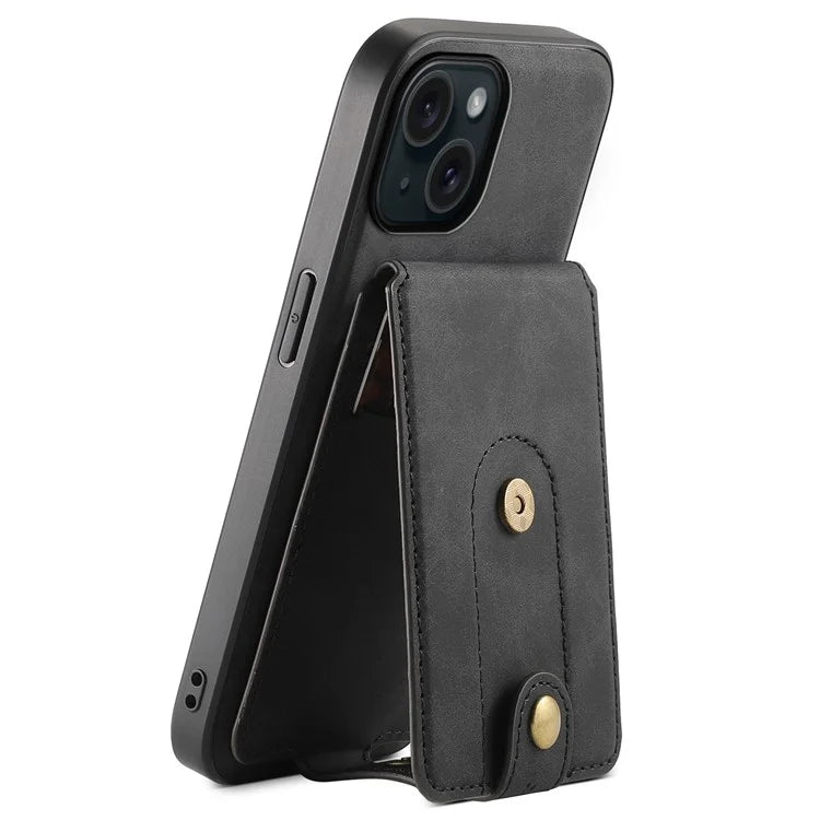 DENIOR D14 For iPhone 15 Magnetic Case Retro Leather+TPU+PC Cover with Detachable Card Holder