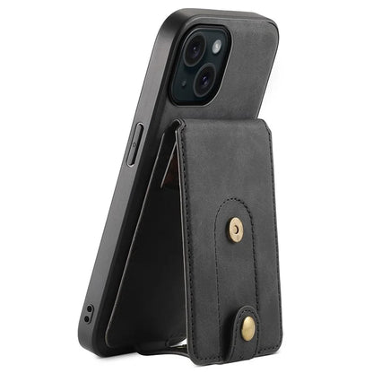 DENIOR D14 For iPhone 15 Magnetic Case Retro Leather+TPU+PC Cover with Detachable Card Holder