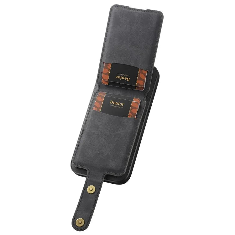 DENIOR D14 For iPhone 15 Magnetic Case Retro Leather+TPU+PC Cover with Detachable Card Holder