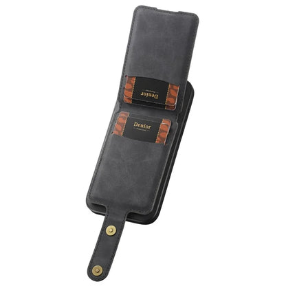 DENIOR D14 For iPhone 15 Magnetic Case Retro Leather+TPU+PC Cover with Detachable Card Holder