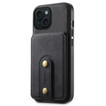 DENIOR D14 For iPhone 15 Magnetic Case Retro Leather+TPU+PC Cover with Detachable Card Holder