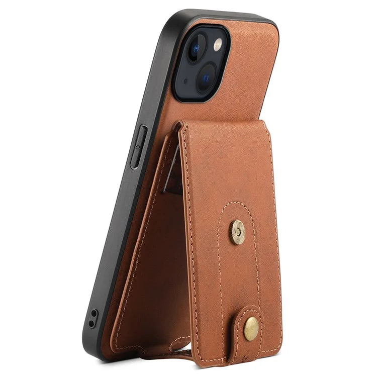 DENIOR D14 For iPhone 13 / 14 Case Retro PU+PC+TPU Kickstand Phone Cover with Magnetic Card Holder