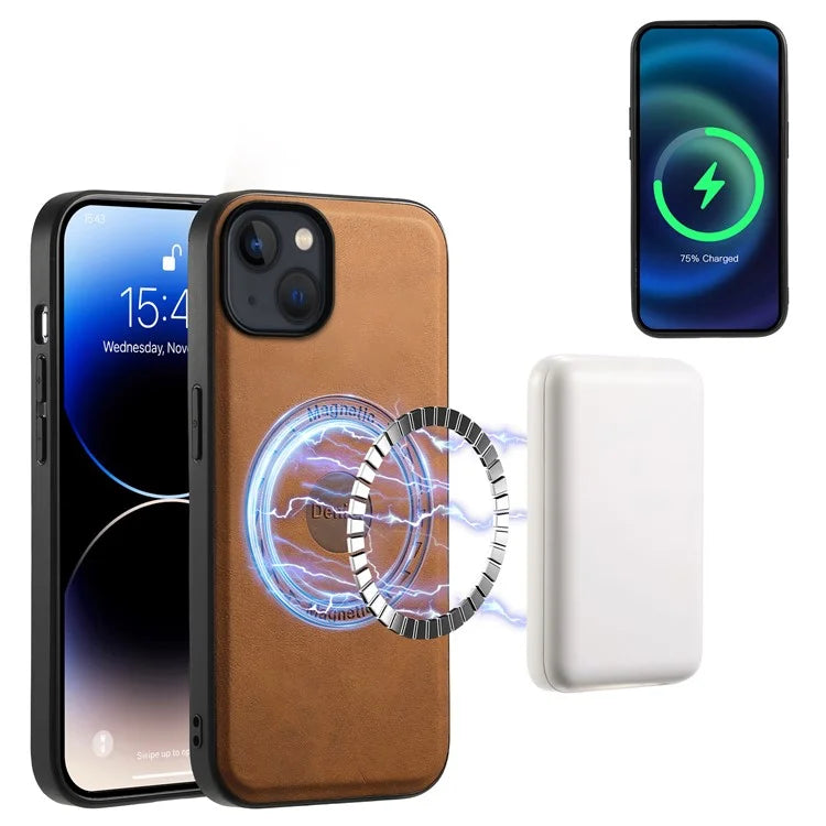 DENIOR D14 For iPhone 13 / 14 Case Retro PU+PC+TPU Kickstand Phone Cover with Magnetic Card Holder