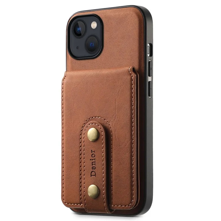 DENIOR D14 For iPhone 13 / 14 Case Retro PU+PC+TPU Kickstand Phone Cover with Magnetic Card Holder