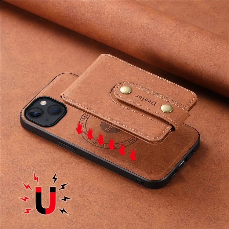 DENIOR D14 For iPhone 13 / 14 Case Retro PU+PC+TPU Kickstand Phone Cover with Magnetic Card Holder