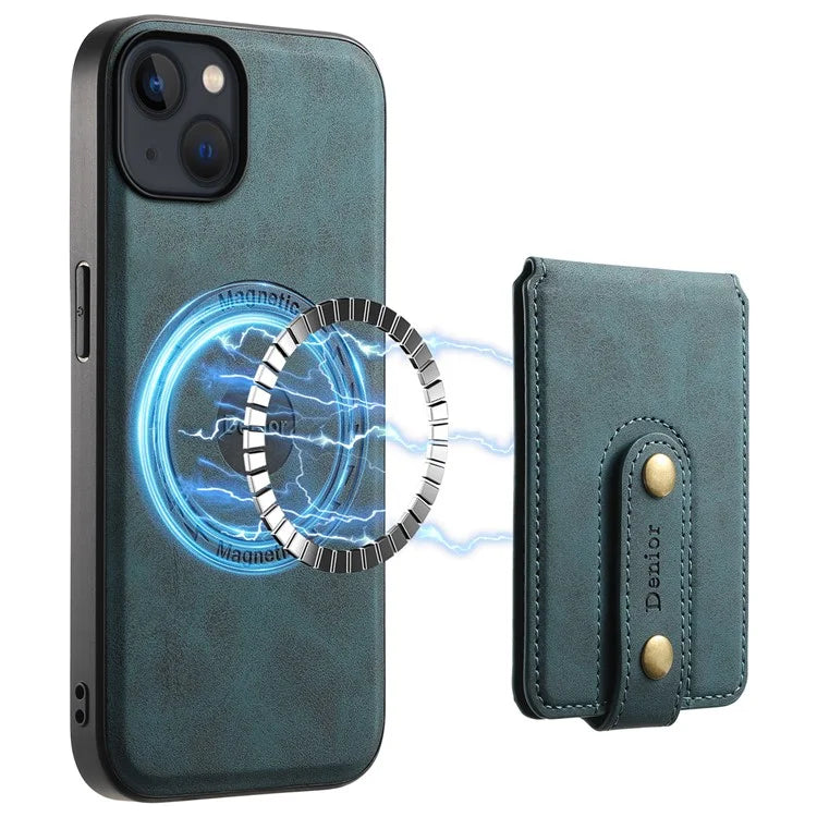 DENIOR D14 For iPhone 13 / 14 Case Retro PU+PC+TPU Kickstand Phone Cover with Magnetic Card Holder
