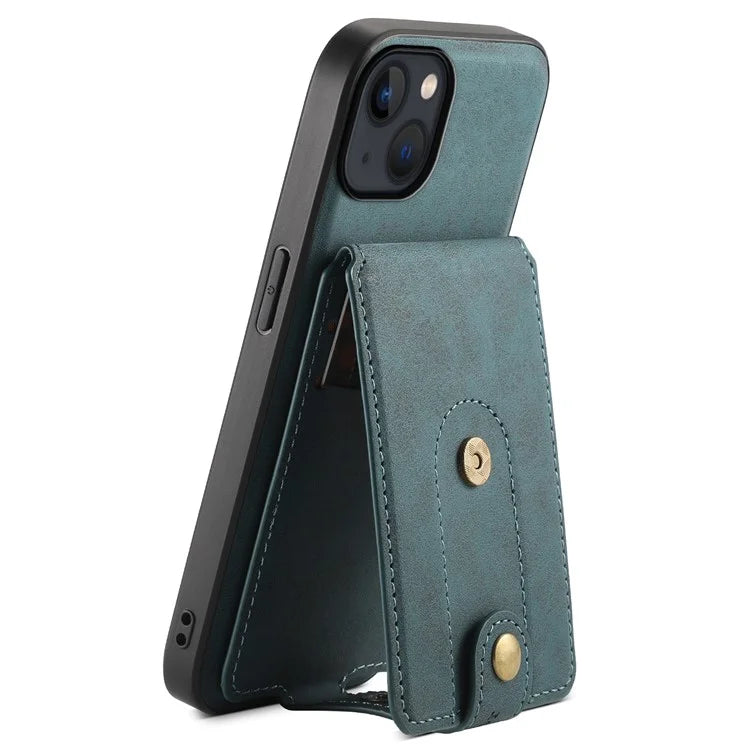 DENIOR D14 For iPhone 13 / 14 Case Retro PU+PC+TPU Kickstand Phone Cover with Magnetic Card Holder