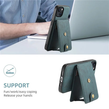 DENIOR D14 For iPhone 13 / 14 Case Retro PU+PC+TPU Kickstand Phone Cover with Magnetic Card Holder
