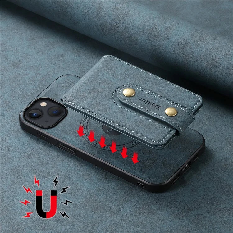 DENIOR D14 For iPhone 13 / 14 Case Retro PU+PC+TPU Kickstand Phone Cover with Magnetic Card Holder