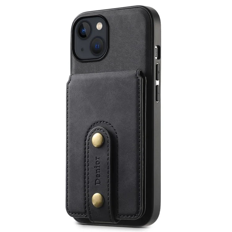 DENIOR D14 For iPhone 13 / 14 Case Retro PU+PC+TPU Kickstand Phone Cover with Magnetic Card Holder