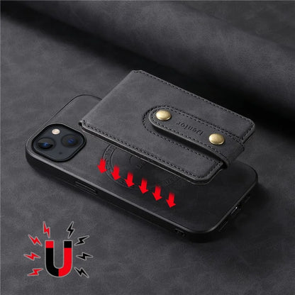 DENIOR D14 For iPhone 13 / 14 Case Retro PU+PC+TPU Kickstand Phone Cover with Magnetic Card Holder
