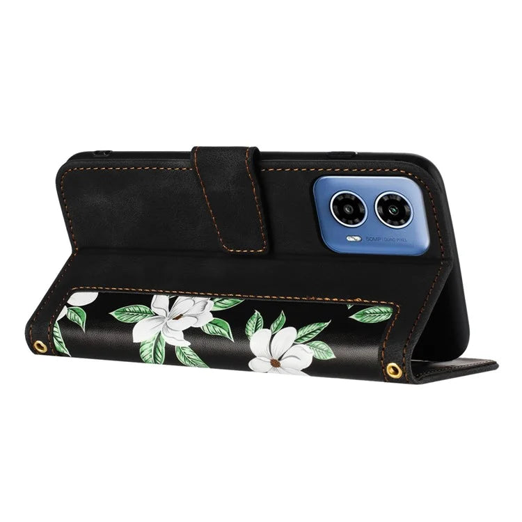 For Motorola Moto G34 4G Case Stand Function Flower Pattern PU Leather Phone Cover