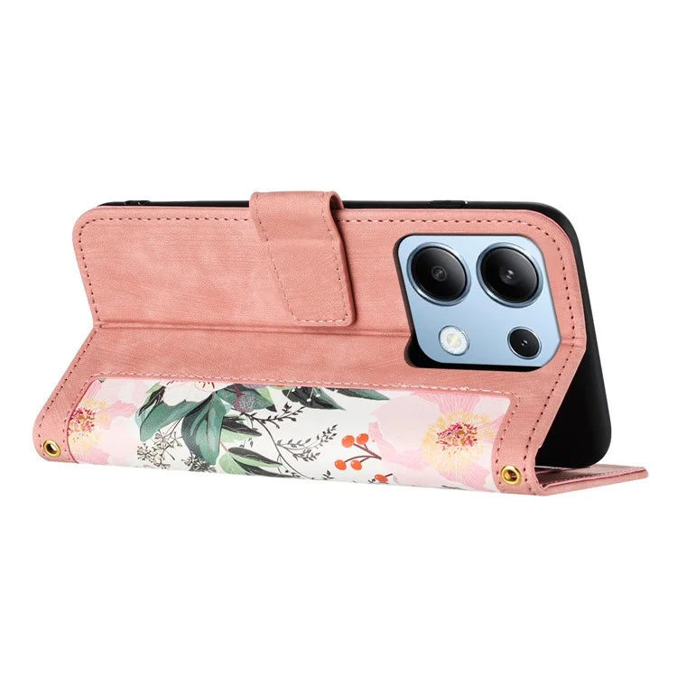 For Xiaomi Redmi Note 13 4G Case Printed Flower Pattern PU Leather Wallet Phone Cover