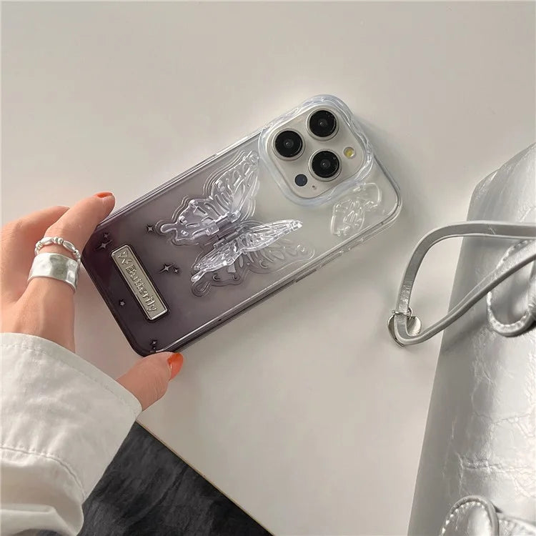 For iPhone 15 Pro Cell Phone Case Gradient TPU Back Cover with Butterfly Shape PC Kickstand