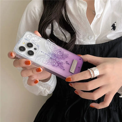 For iPhone 15 Pro Max Gradient TPU Phone Case with Butterfly Shape PC Kickstand