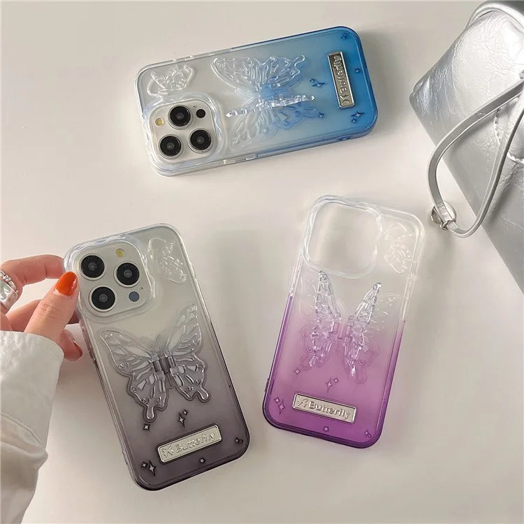 For iPhone 15 Pro Max Gradient TPU Phone Case with Butterfly Shape PC Kickstand