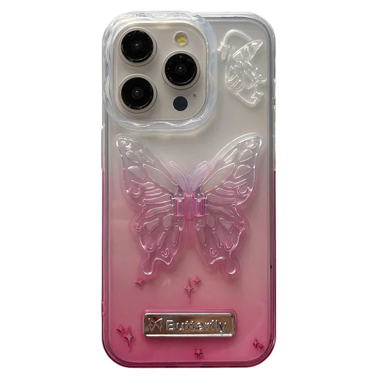 For iPhone 15 Pro Max Gradient TPU Phone Case with Butterfly Shape PC Kickstand