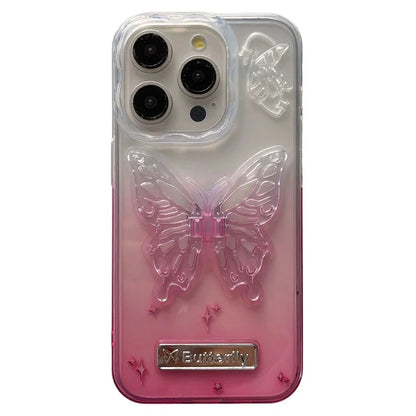 For iPhone 15 Pro Max Gradient TPU Phone Case with Butterfly Shape PC Kickstand